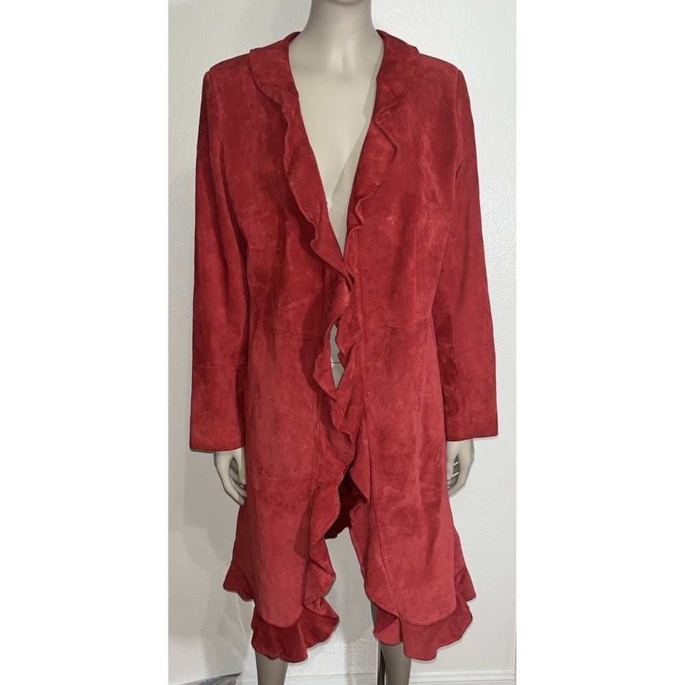 VTG Margaret Godfrey Vibrant Red Suede Leather Ruffle Trench Coat Petite Sz 8P